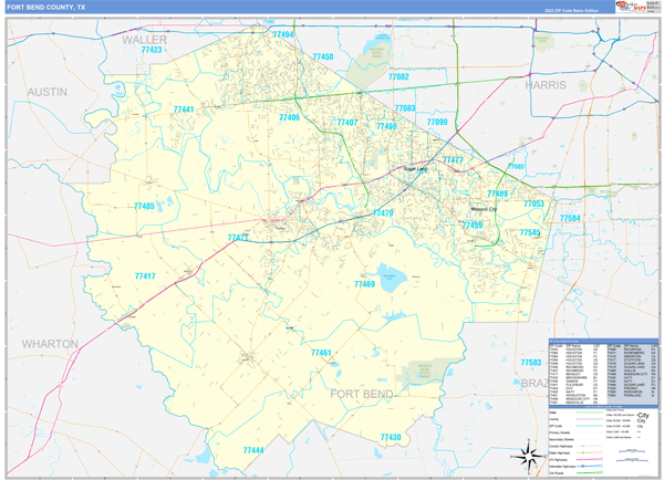 Fort Bend County, TX Zip Code Wall Map
